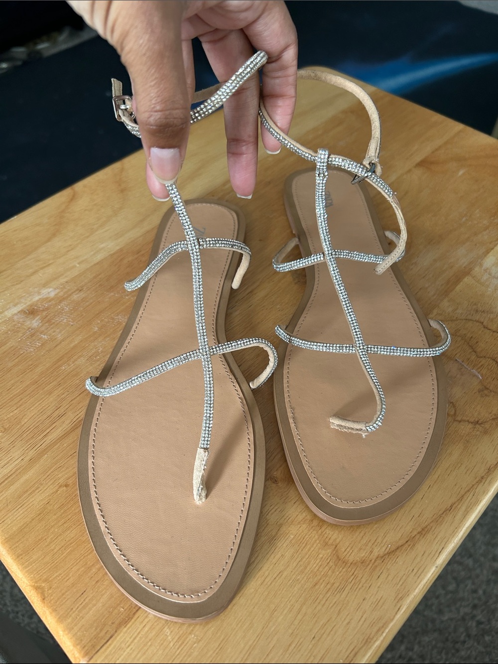 Zara Strappy Rhinestone Beige T-Strap Sandals